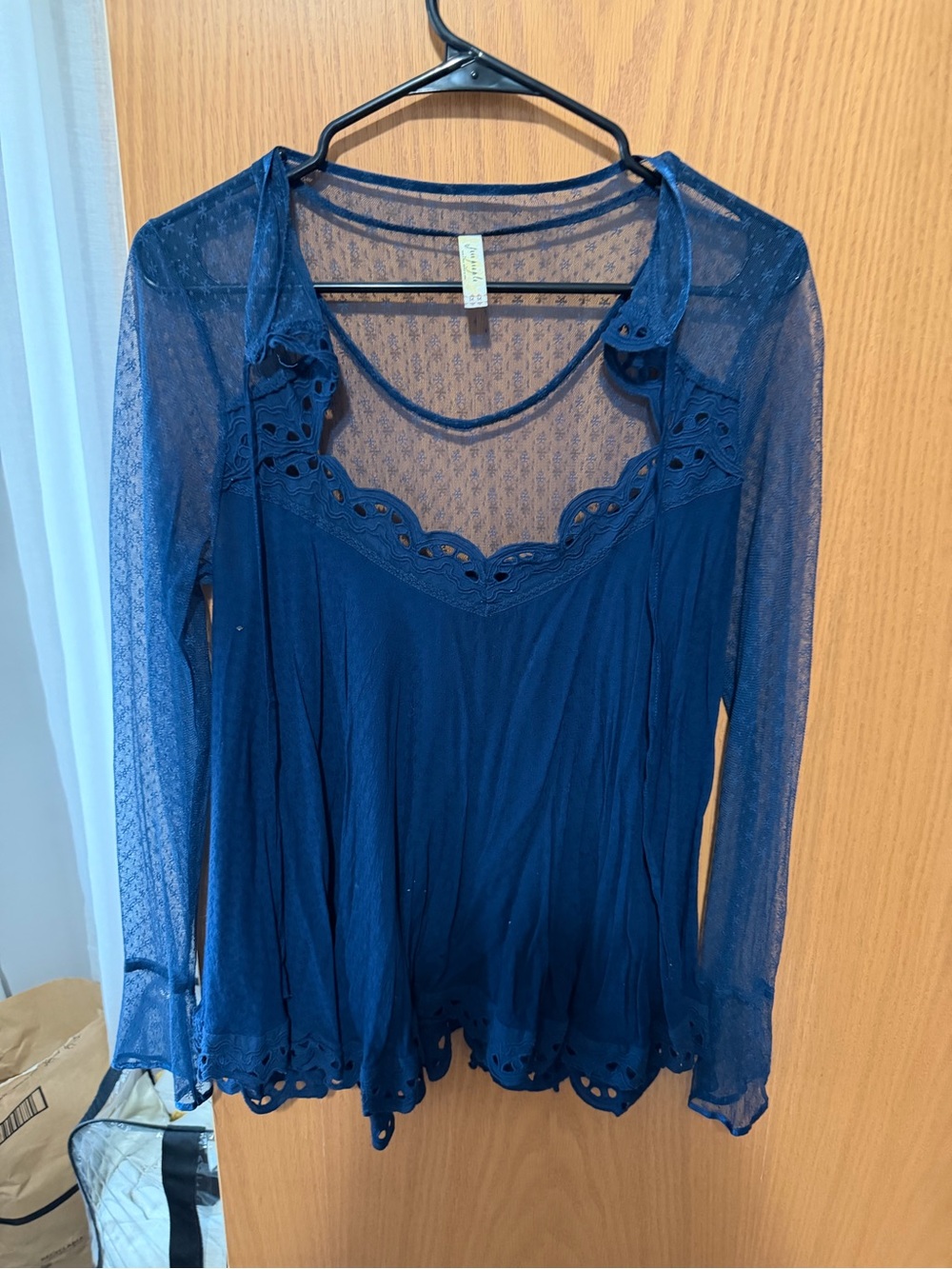 Blue Lace-Trim Long Sleeve Women's Top